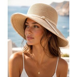 San Diego Hat Co Tan White Striped Grosgrain Wide Brim Sun Hat Packable Beach